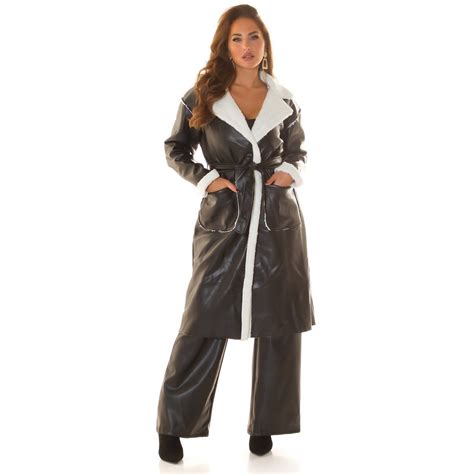 Palton dama midi, stil cojoc, din piele eco, negru, cu blana alba