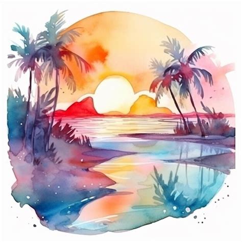 Premium AI Image | A painting of a sunset with palm trees and ...