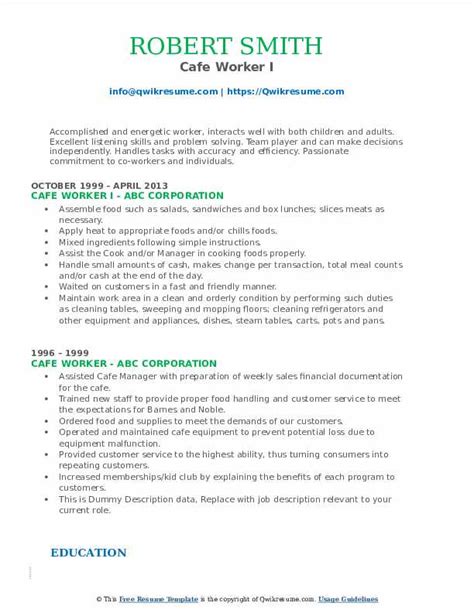 Cafe Worker Resume Samples Qwikresume