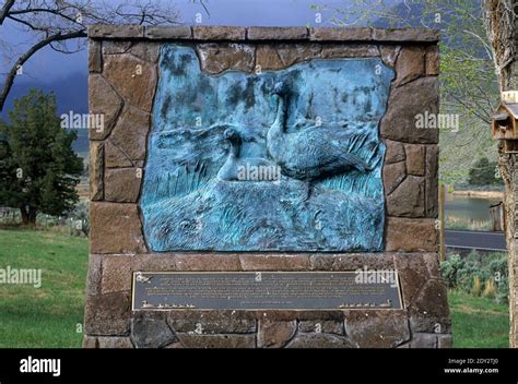 Canada geese bronze relief, Summer Lake Wildlife Area, Oregon Outback Scenic Byway, Oregon Stock ...