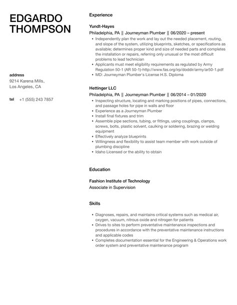 Journeyman Plumber Resume Samples | Velvet Jobs