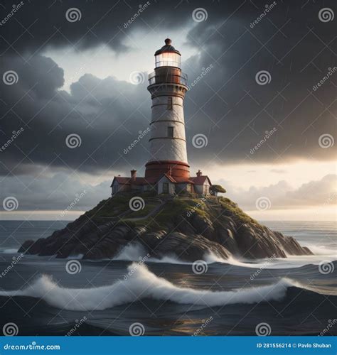 A Lighthouse In The Middle Of The Sea On A Rock Stock Illustration