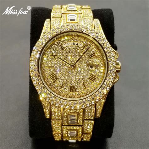 MISSFOX Iced Out Uhr Für Männer Luxus Gold Volle Diamant Herren Uhren