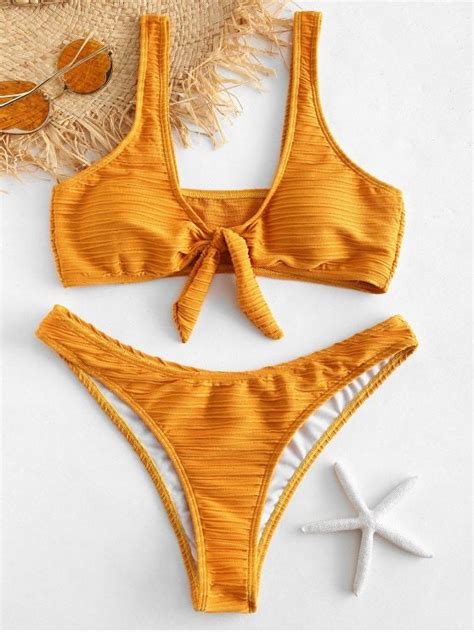 ZAFUL Front Knot Tank Bikini Set ORANGE GOLD L Tank Bikini Set