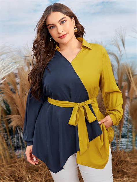 Plus Two Tone Asymmetrical Hem Belted Blouse