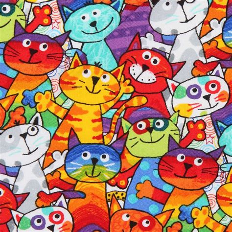 Fun Bright Colorful Cartoon Cat Fabric By Timeless Treasures Modes U