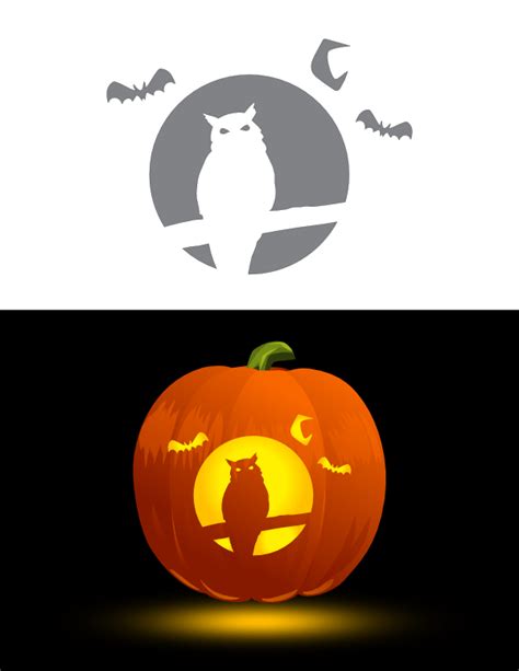 Printable Owl With Bats And Moon Pumpkin Stencil