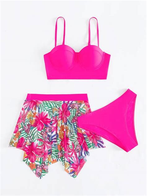 Shein Swim Vcay Tropical Print Bikini Set Push Up Bra Top And Bikini