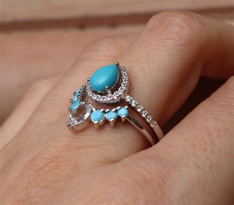 Teardrop Turquoise Bridal 2 Ring Set Pear Blue Turquoise Engagement W