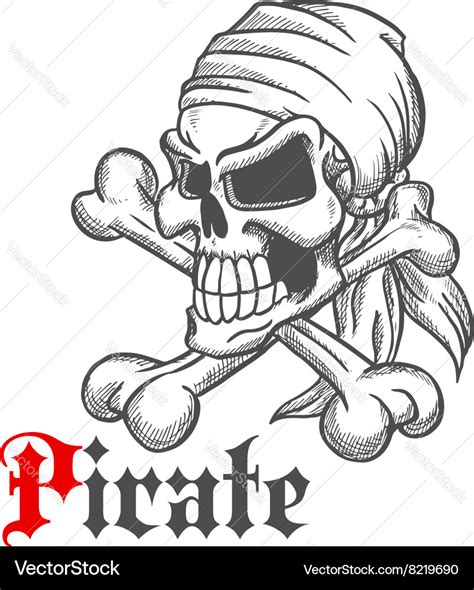 Pirate skull sketch with crossbones Royalty Free Vector