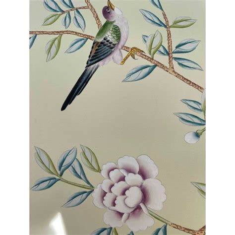 Chinoiserie Hand Painted Floral Mural Wallpaper On Celadon Green Silk