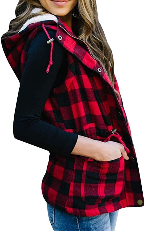 Women S Winter Buffalo Plaid Jacket Vest With Sherpa Fleece Red Size