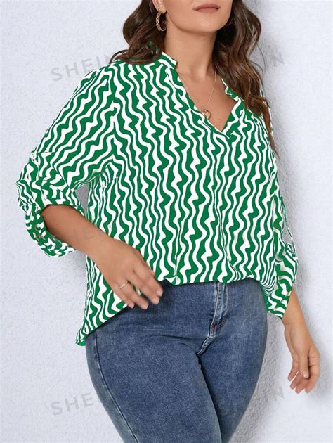 Shein Privé Plus Allover Print Notched Neck Roll Tab Sleeve Blouse