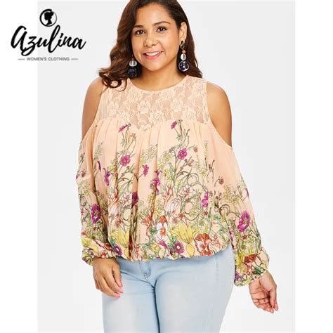 Rosegal Plus Size Blouse Women Lace Yoke Cold Shoulder Floral Lace