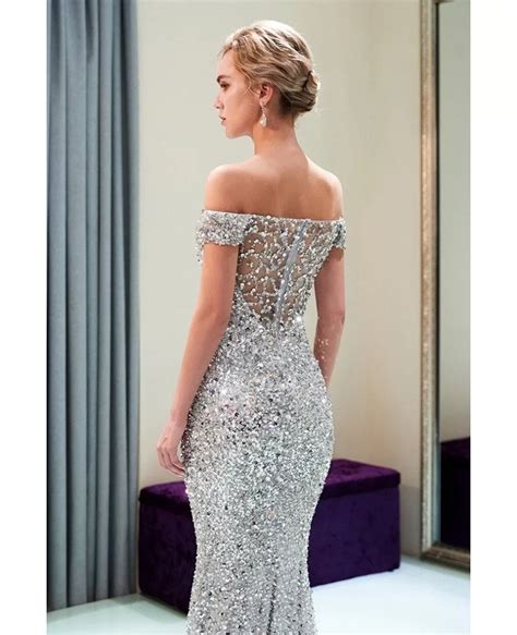 Luxury Sparkly Silver Mermaid Long Prom Dress With Off Shoulder Straps