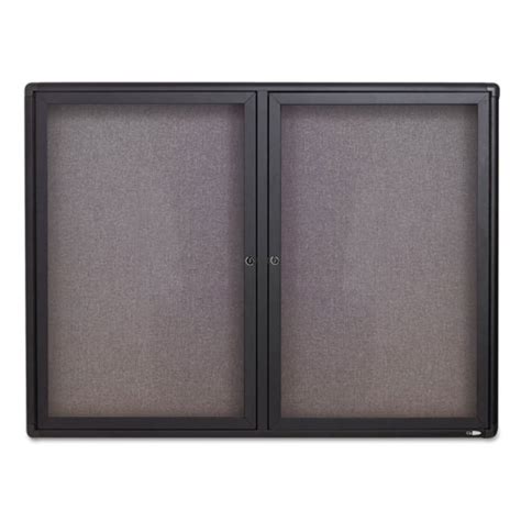 Enclosed Indoor Fabric Bulletin Board With Two Hinged Doors 48 X 36 Gray Surface Graphite