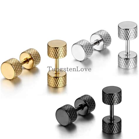 BONISKISS 5mm Men Barbell Punk Gothic Stainless Steel Stud Earrings