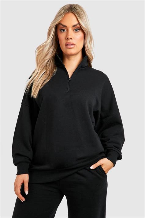 Black Plus Half Zip Oversized Sweater Boohoo Uk