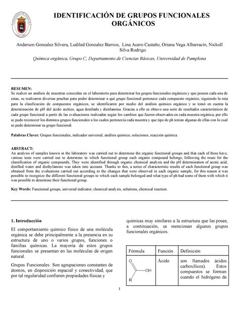 Informe Lab 3 Quimica Organicadocx IdentificaciÓn De Grupos Funcionales OrgÁnicos Anderson