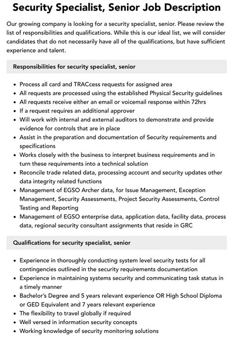 Security Specialist Senior Job Description Velvet Jobs