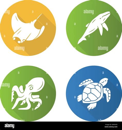 Underwater World Flat Design Long Shadow Glyph Icons Set Swimming