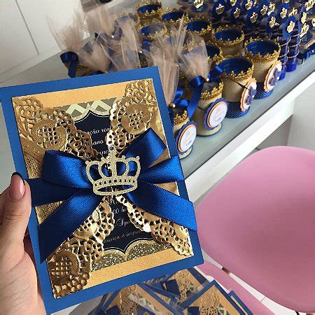 Convite Realeza Azul E Dourado Raiane Ribeiro Personalizados