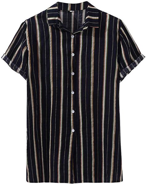 Mens Henleysshort Sleeve Striped Henley Neck Loose Button Up Vintage Ethnic Style Hawaiian