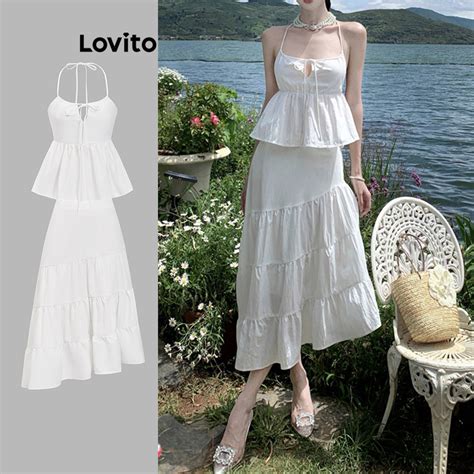 Lovito Women Boho Plain Tie Front Ruffle Hem Skirt Sets Lba