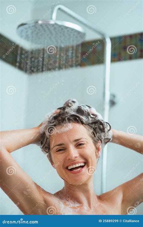 Happy Woman Applying Shampoo In Shower Stock Image Image Of Freshness Girl 25889299