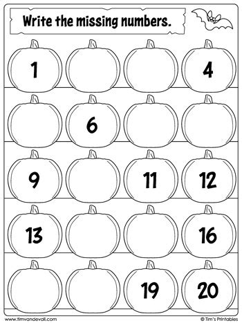 Halloween Missing Numbers Worksheet: Numbers 1 to 20 - Tim's Printables