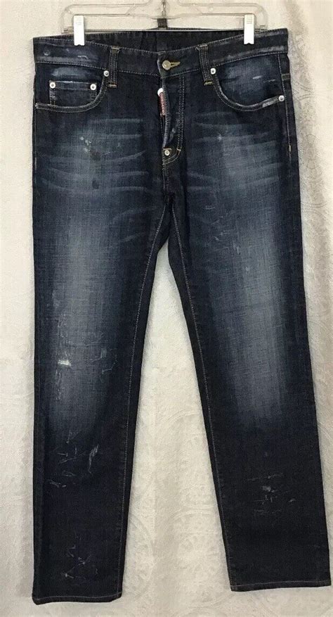 Dsquared Jeans Mens Blue Distressed Faded Straight Leg Button Fly 34