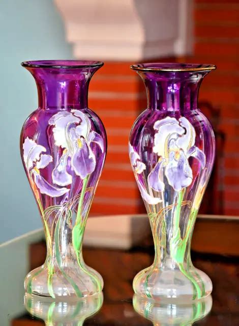 F T LEGRAS Paire de vases 29 cm Art nouveau en verre émaillé