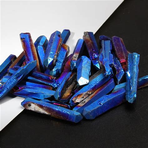 Top Drilled Blue Titanium Ab Color Quartz Crystal Stick Beads Raw