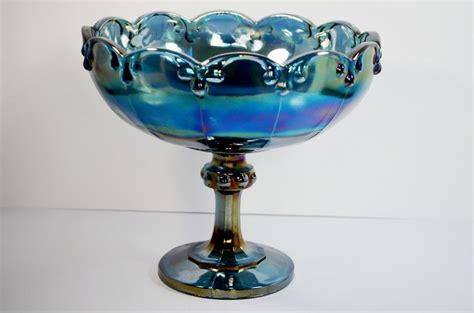 Vintage Indiana Glass Iridescent Blue Garland Compote Pedestal Bowl Antique Glassware