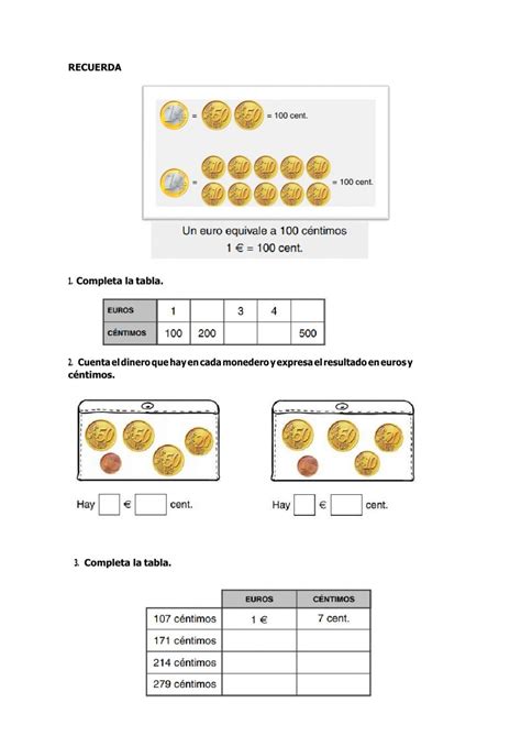 Ficha De Euros Y Centimos Para Tercero De Primaria Actividades De