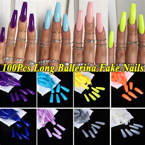 100 Pcs False Nail Tips Matte Full Cover Long Coffin Fake Nails Art Manicure Set Ebay