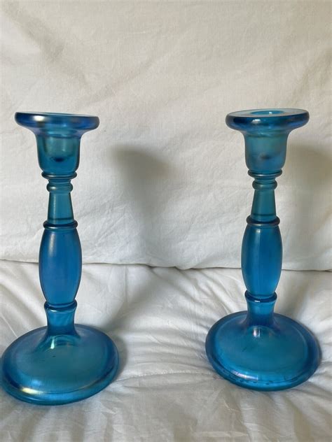 Vintage Fenton 1920 S Celeste Blue Iridescent Stretch Glass Candlestick Holders Ebay