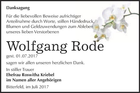 Traueranzeigen Von Wolfgang Rode Abschied Nehmen De