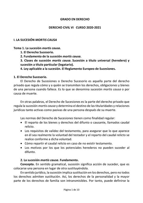 Tema 1 La sucesión mortis causa Derecho Civil VI GRADO EN DERECHO