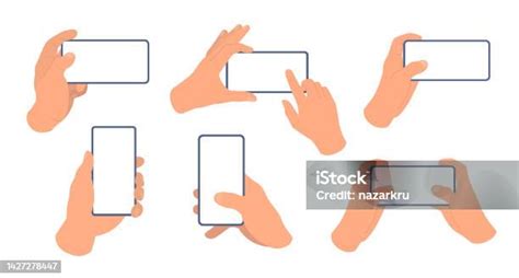 Set Of Human Hands Holding Mobile Phone Finger Touching Tapping