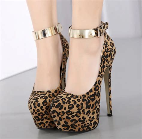 Metallic Ankle Buckle Women Leopard High Heels Platform New 2017 Ladies