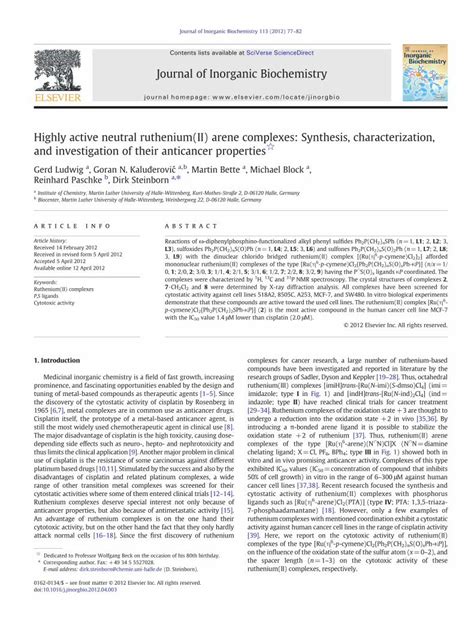 PDF Highly Active Neutral Ruthenium II Arene Complexes Synthesis