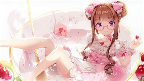 Anime Purple Eyes Glasses Brunette Hair Ribbon Anime Girls