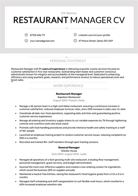 Restaurant Manager Cv Examples And Template Free Download