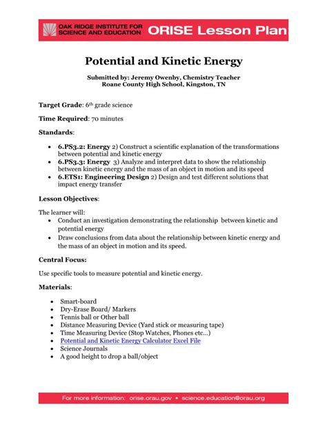 Orise Lesson Plan Potential And Kinetic Energy Docslib