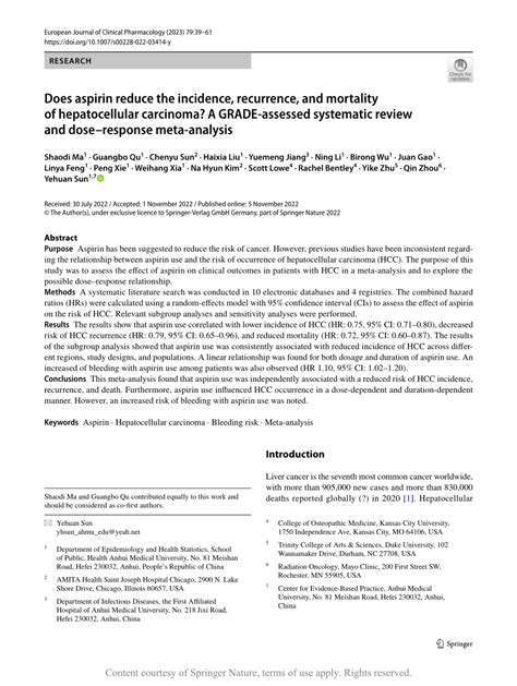 Does Aspirin Reduce The Incidence Recurrence And Mortality Of