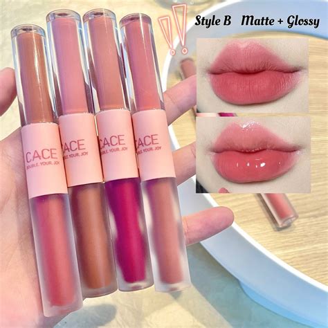 2 In 1 Double Head Matte Glossy Lipstick Set Waterproof Silk Velvet Lip Makeup Rouge Red Lip