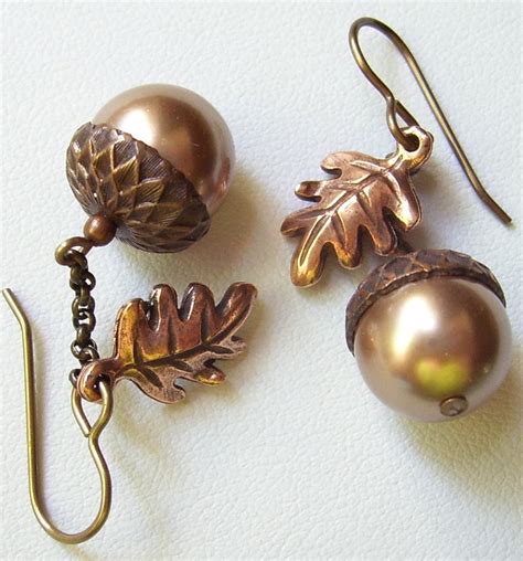 Bronze Acorn Earrings With Brass Caps And Antique Copper Oak Etsy