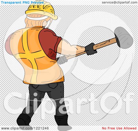 Clipart Of A Rear View Of A Strong Construction Worker Swinging A