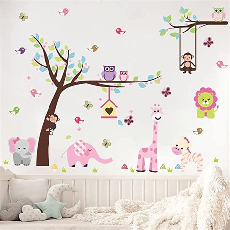 Runtoo Pink Wall Decals for Nursery Jungle Animals Tree Wall Stickers Kids Girls Bedroom Wall ...